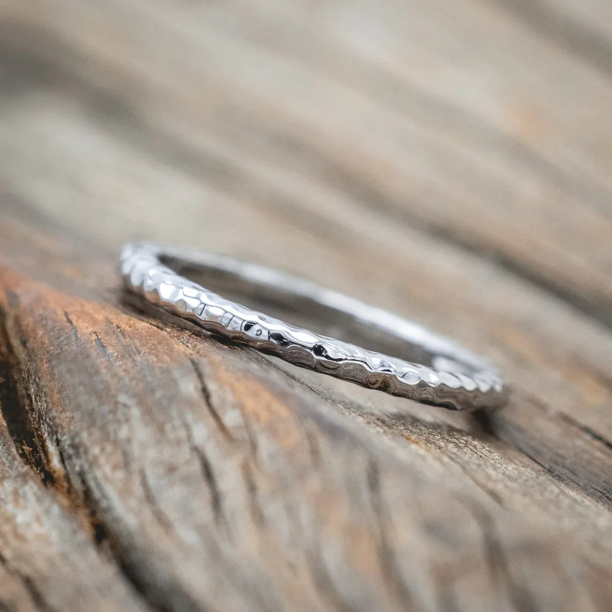 Dainty 14K Solid Gold Stacking Band With A Hammered Finish - 14K White Gold - Size 8