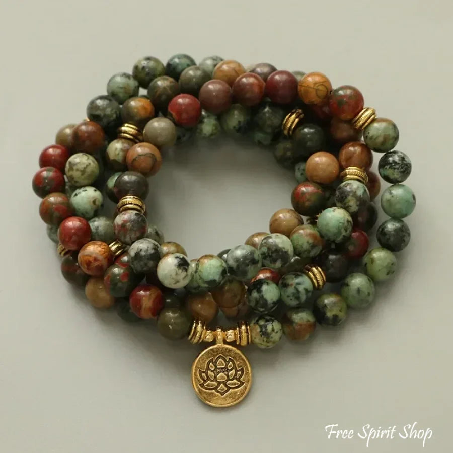108 Natural Red Jasper & African Turquoise Mala Bracelet