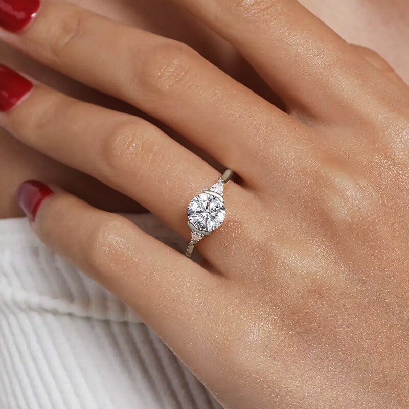 Half Bezel Moissanite Three Stone Engagement Ring