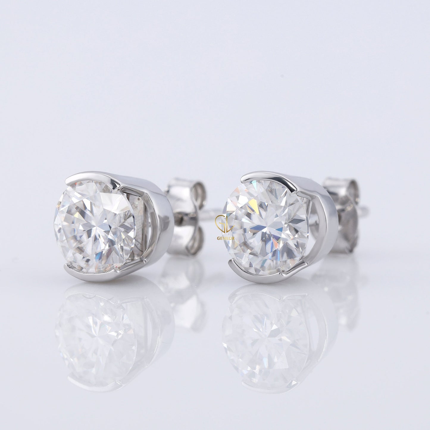 Half Bezel Set Lab Grown Round Cut Diamond Earrings