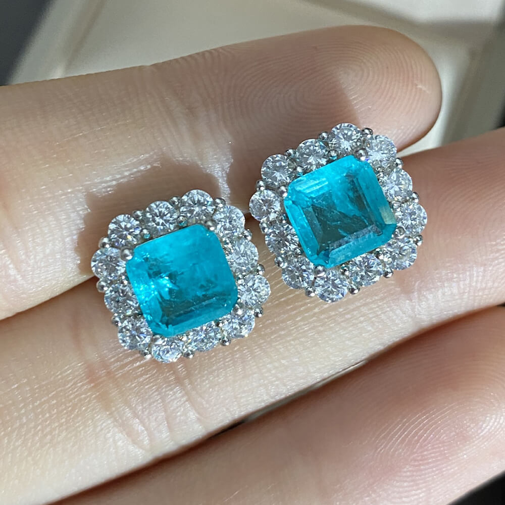 Halo Cushion Cut Paraiba Tourmaline Sterling Silver Stud Earrings