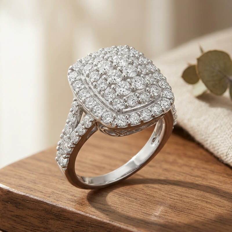Halo Cushion Shape Cluster Moissanite Split Shank Engagement Ring