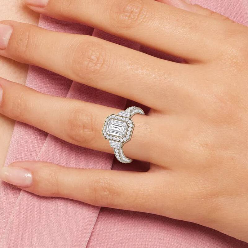 Halo Emerald-Cut Moissanite Milgrain Pave Engagement Ring