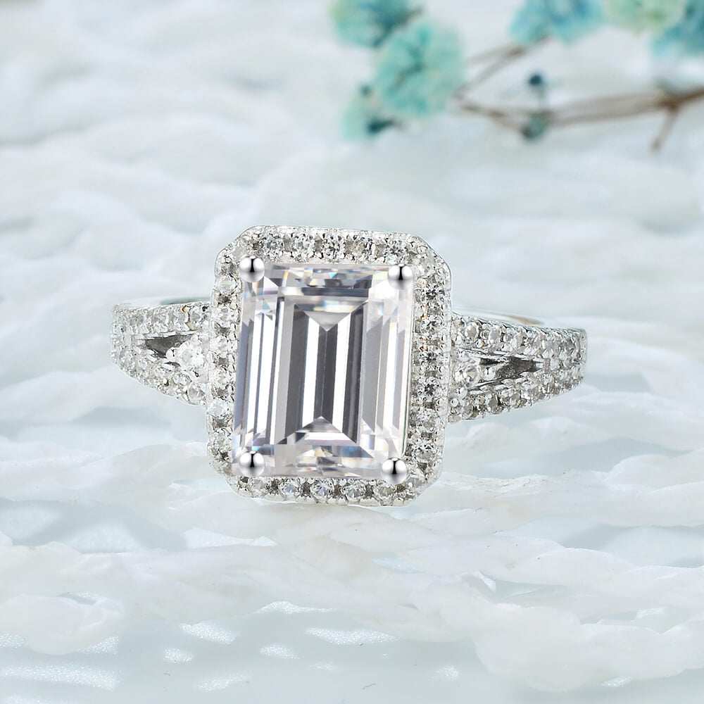 Halo Emerald Cut Moissanite Split Shank Pave Basket Engagement Ring