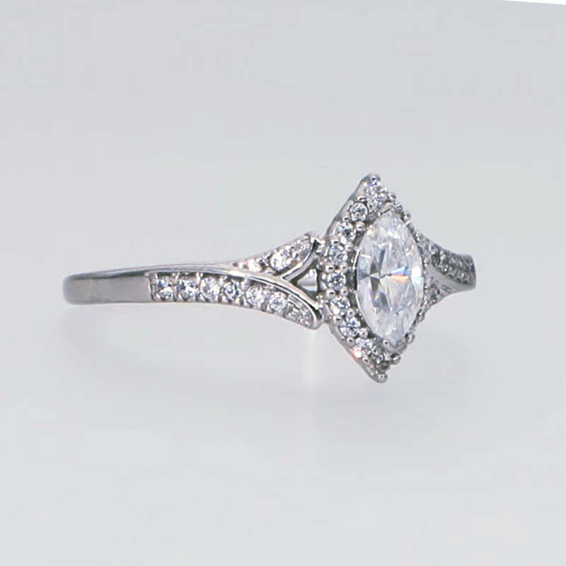 Halo Marquise Cut Moissanite Frame Split Shank Pave Engagement Ring