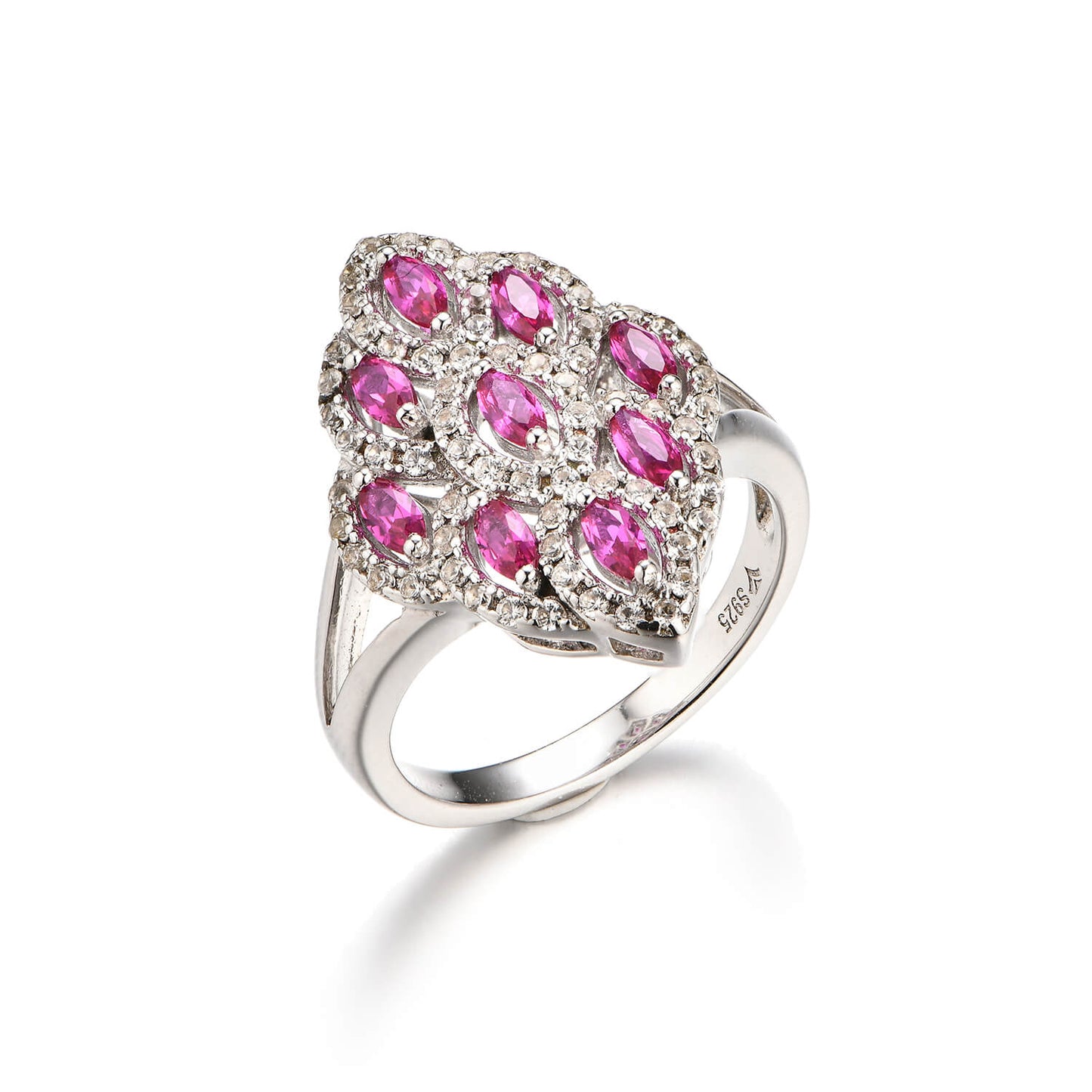 Halo Marquise Ruby Cluster Ring In Sterling Silver