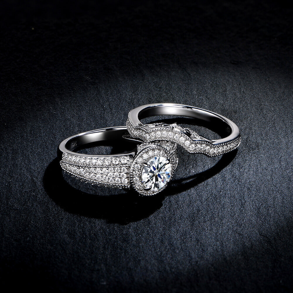 Halo Moissanite Cluster Pave Bridal Engagement Ring Set