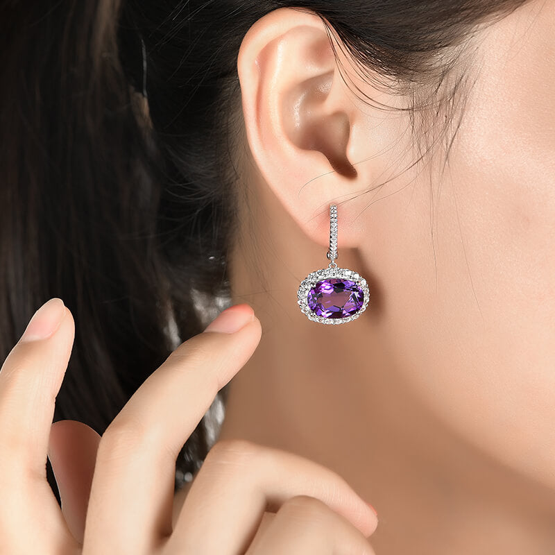 Halo Oval Cut Amethyst Sterling Silver Drop Earrings