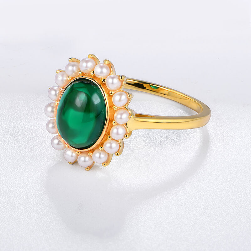 Halo Oval Emerald With Pearl Sterling Silver Ring