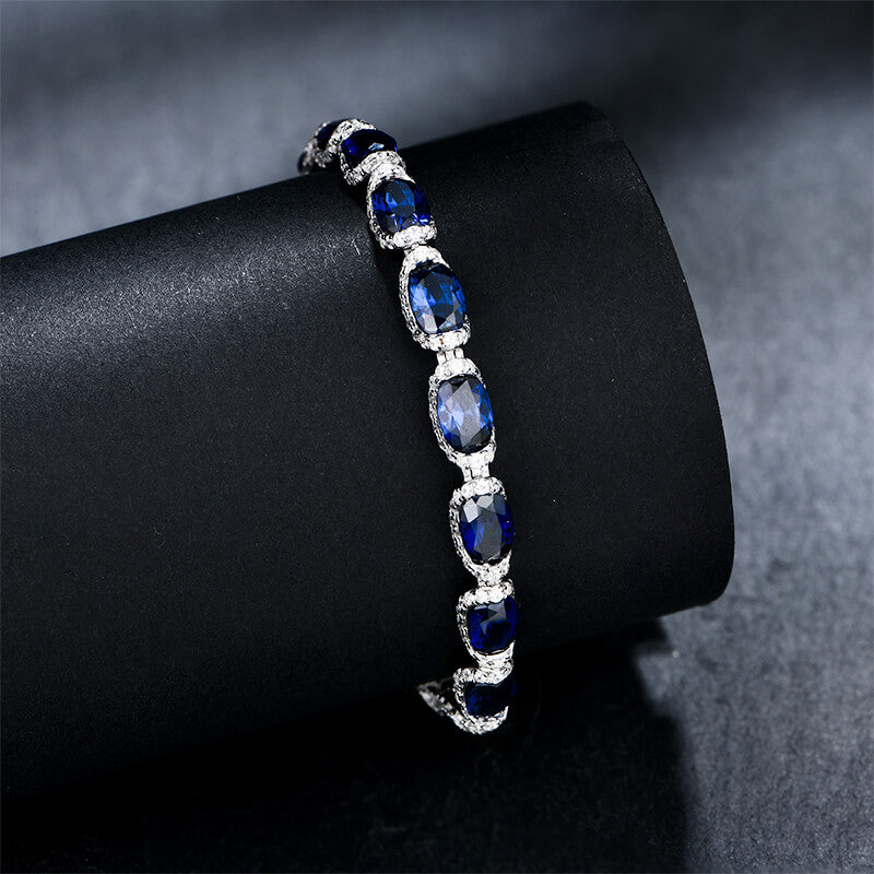 Halo Oval Gemstones Tennis Bracelet In Sterling Silver