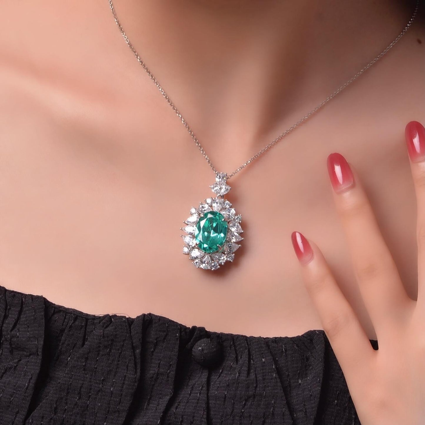 Halo Oval Paraiba Cluster Sterling Silver Necklace