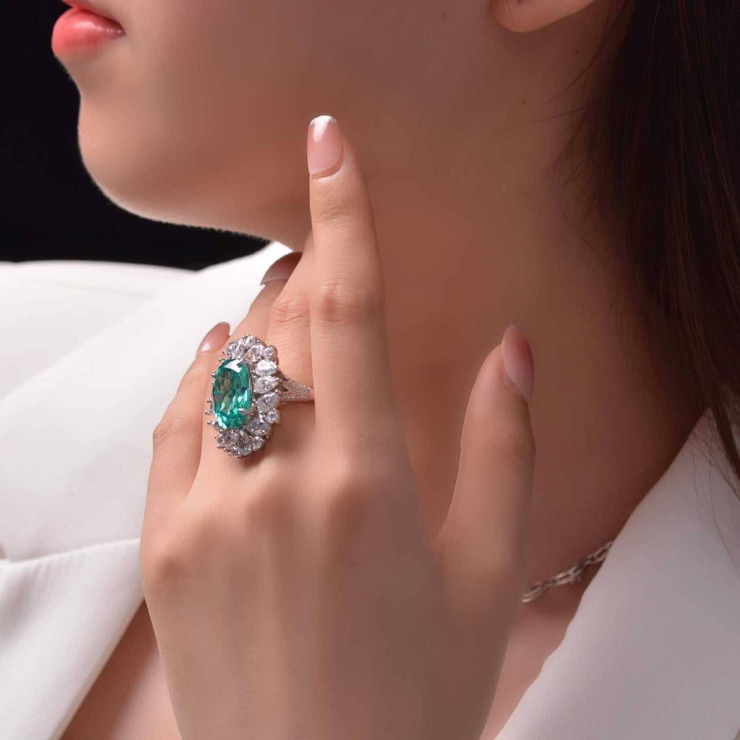 Halo Oval Paraiba Tourmaline Accents Pave Sterling Silver Ring