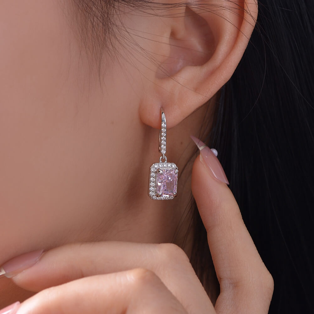 Halo Radiant Lab Sapphire Sterling Silver Drop Earrings