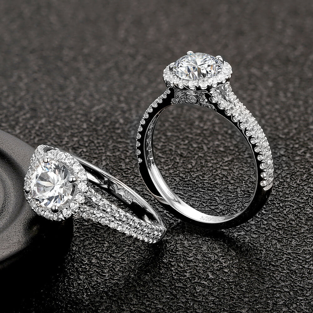 Halo Round Moissanite Double Shank Pave Engagement Ring