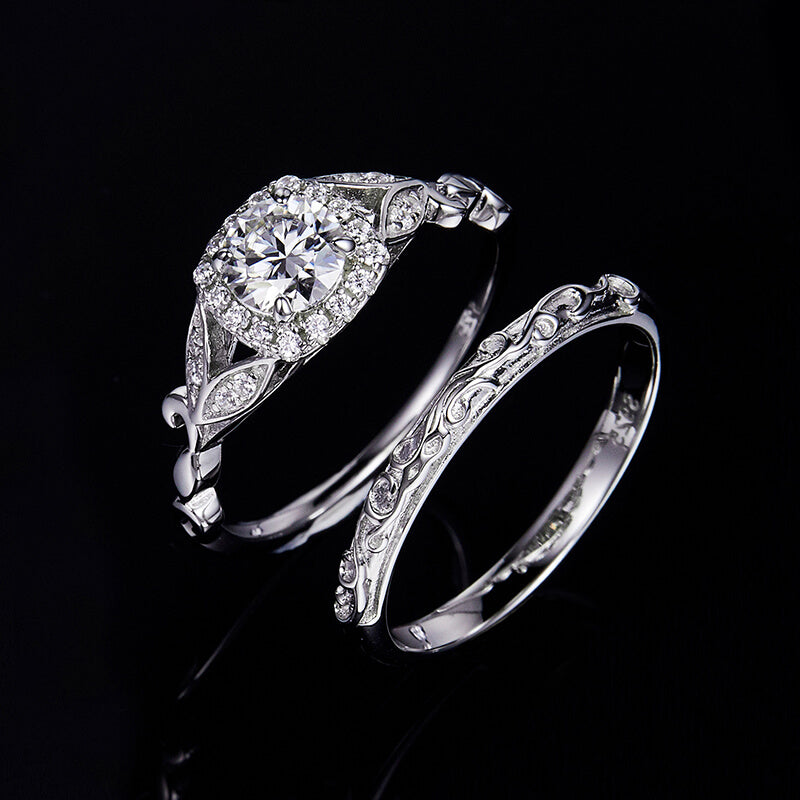 Halo Round Moissanite Scroll Leaf Accents Bridal Engagement Ring Set