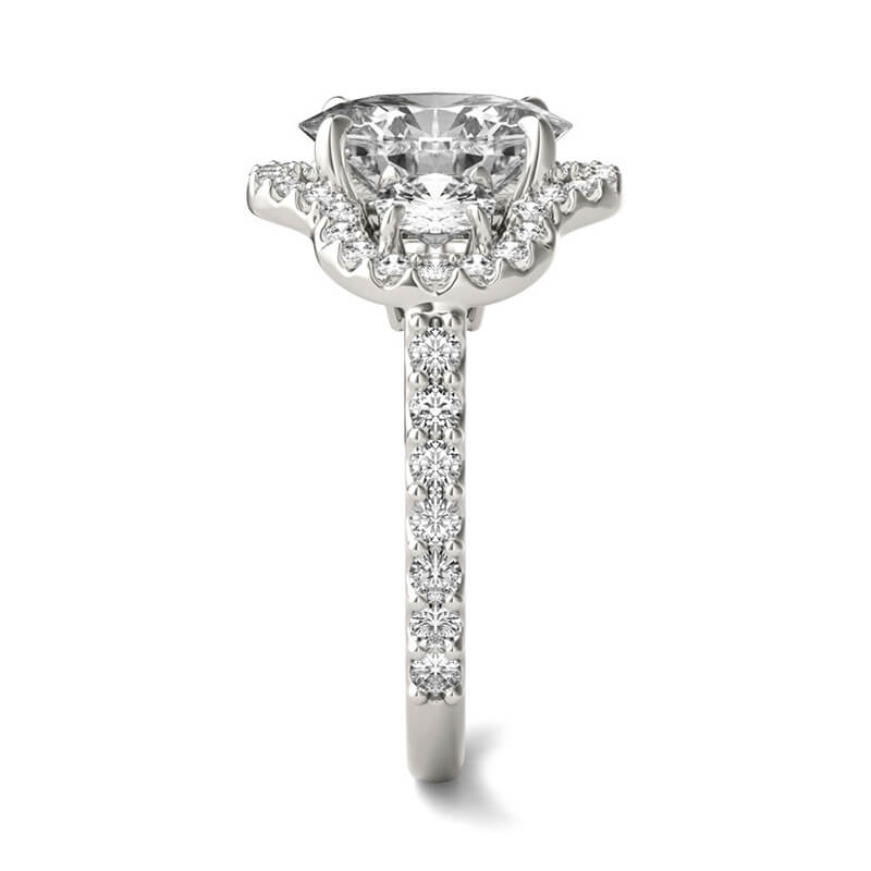 Halo Three Stone Oval Cut Moissanite Pave Engagement Ring