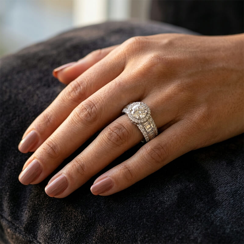 Halo Triple-Row Pave and Baguette Shank Moissanite Engagement Ring