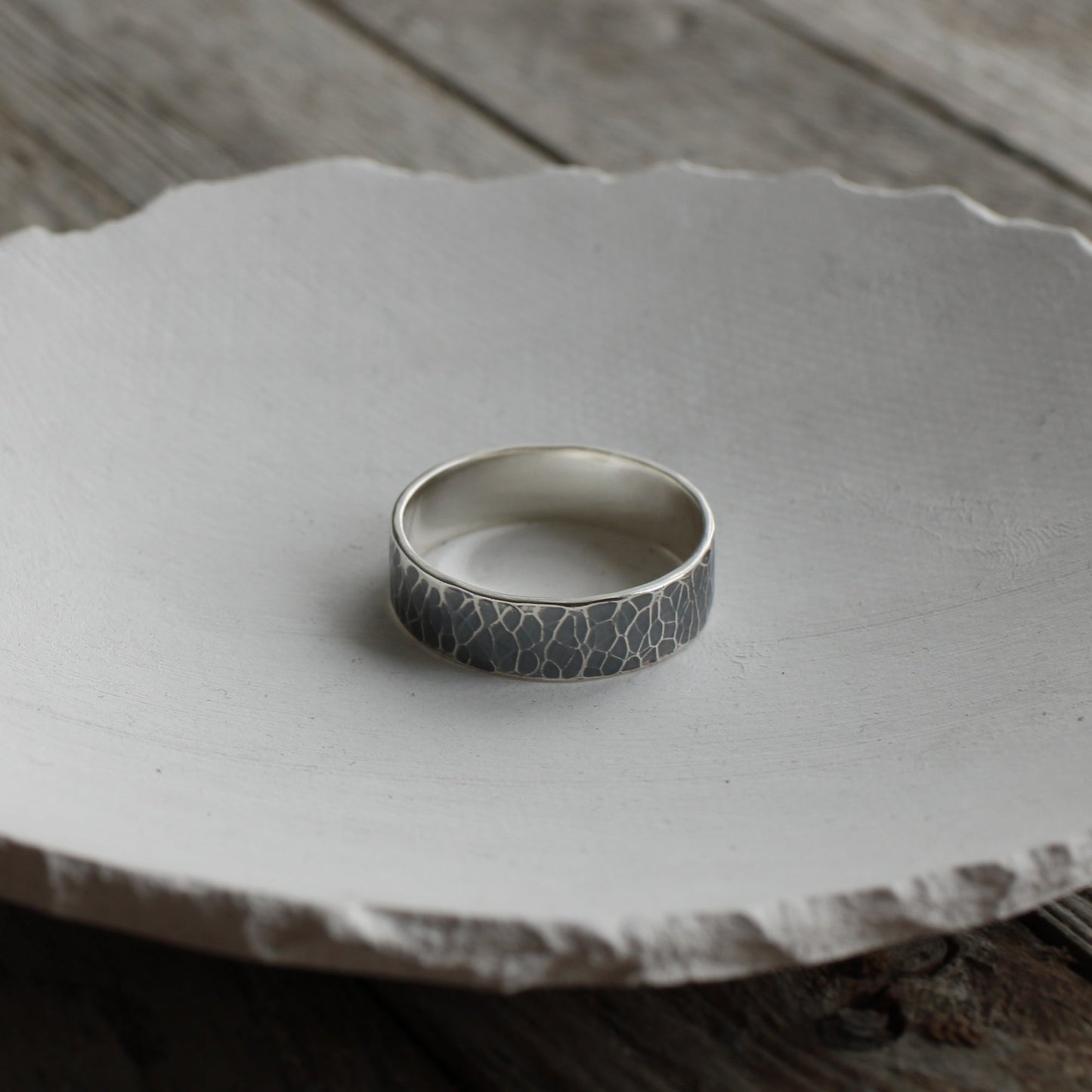 Hammered oxidised 6mm wide silver ring
