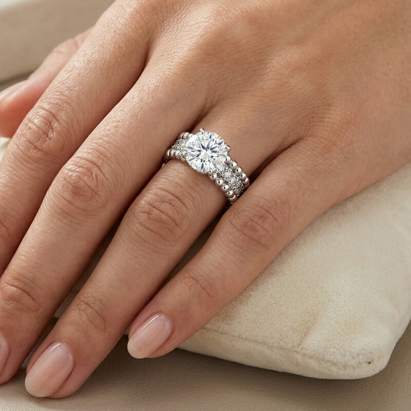 Hidden Halo Round Moissanite with Triple Row Beaded Pavé Engagement Ring