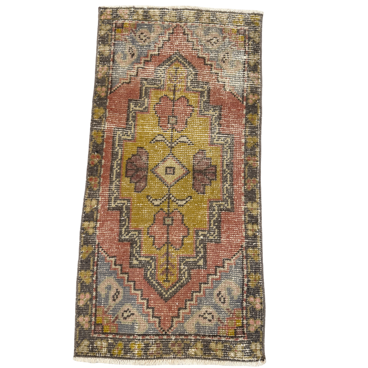 Vintage Turkish Mini Rug 3’2” x 1’7.5” | Dusty Rose, Golden Olive & Blue Medallion Rug