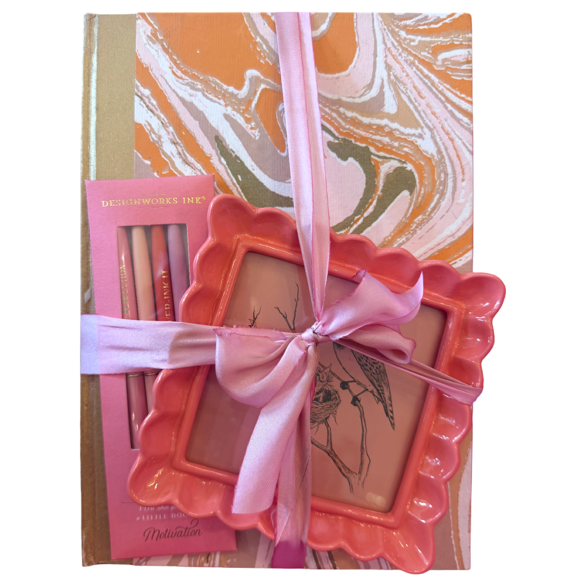 The Ultimate Vanity Vignette Gift Set | Handmade Marbled Hardcover Notebook, Twisty Metal Pen Set, and Resin Ruffled Photo Frame
