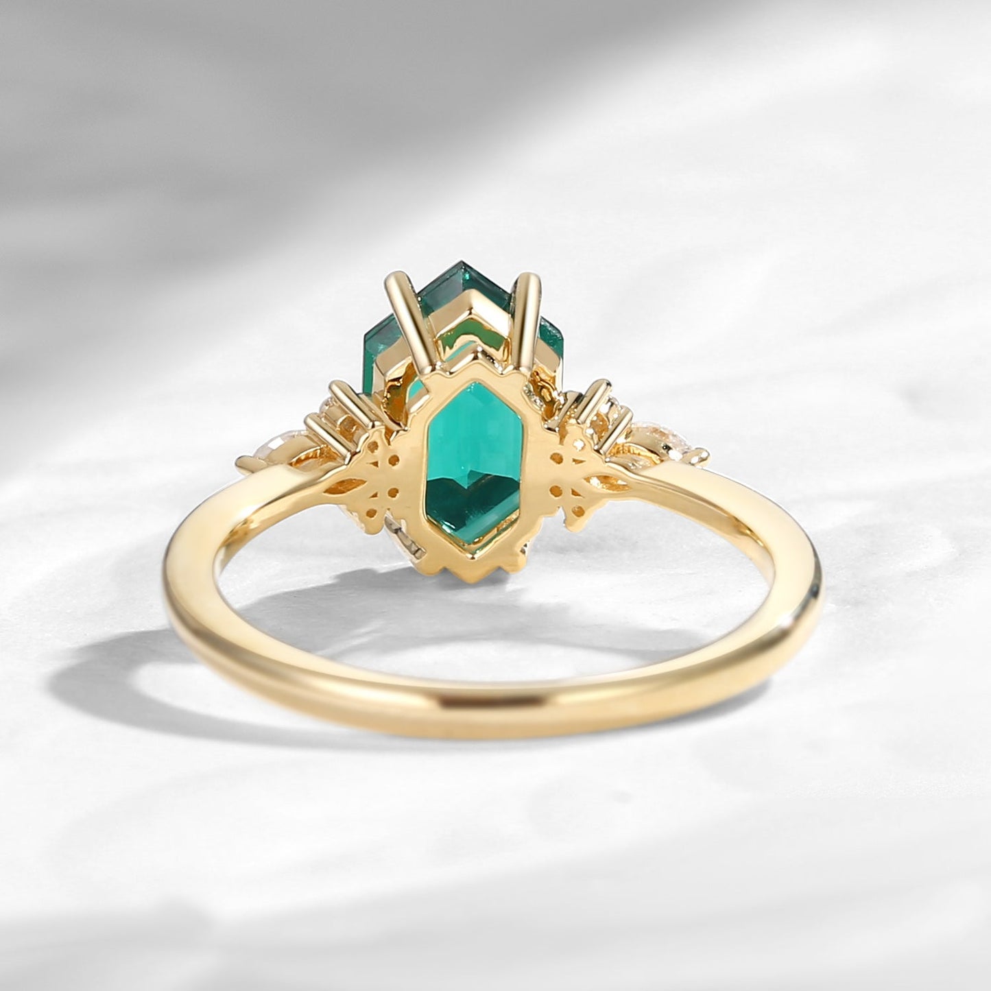 Art Deco Long Hexagon Lab Emerald Cluster Engagement Ring