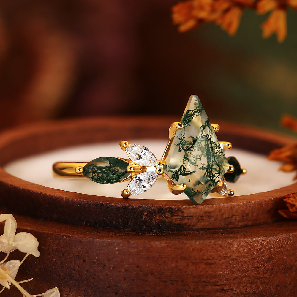 Nature Inspired 8x12mm Kite Cut Moss Agate Engagement Ring Forest Leaf Design