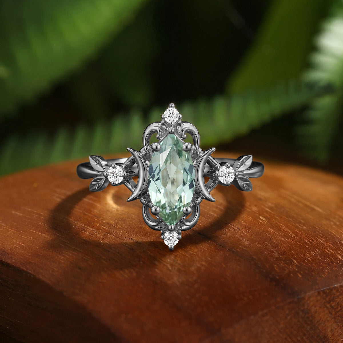 Flora Moon Marquise Cut Green Sapphire Leaf Engagement Ring - Ursa
