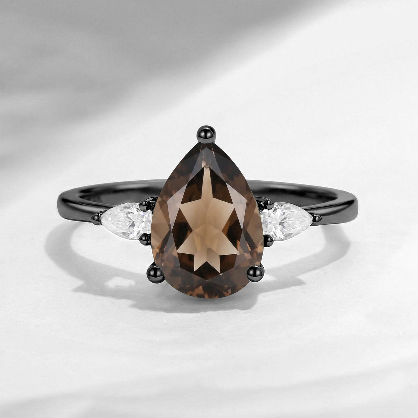 Pear Shaped Smokey Quartz Three Stones Engagement Ring