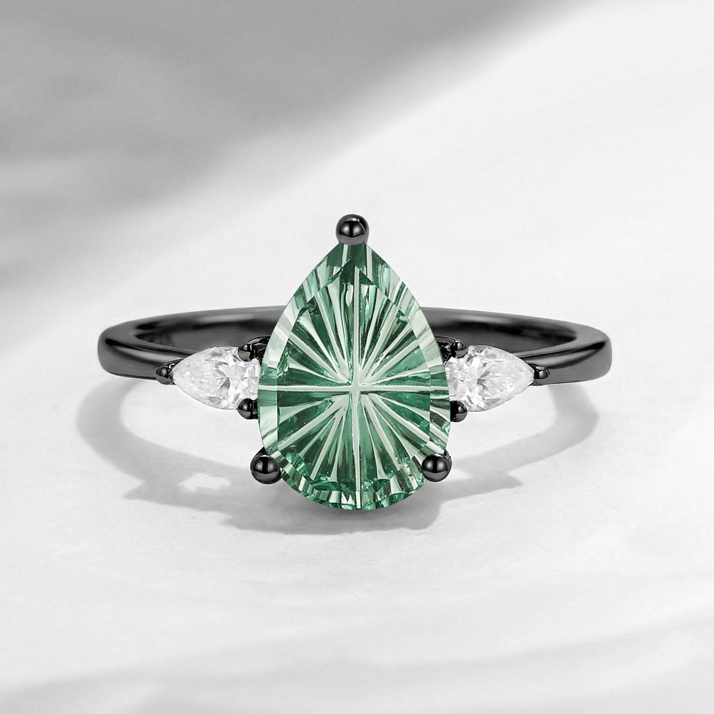 Fantasy Carved Pear Shaped Lab Green Sapphire Three Stone Engagement Ring