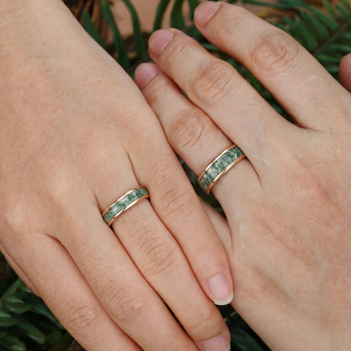 Moss Agate Inlay Promise Couple Wedding Ring