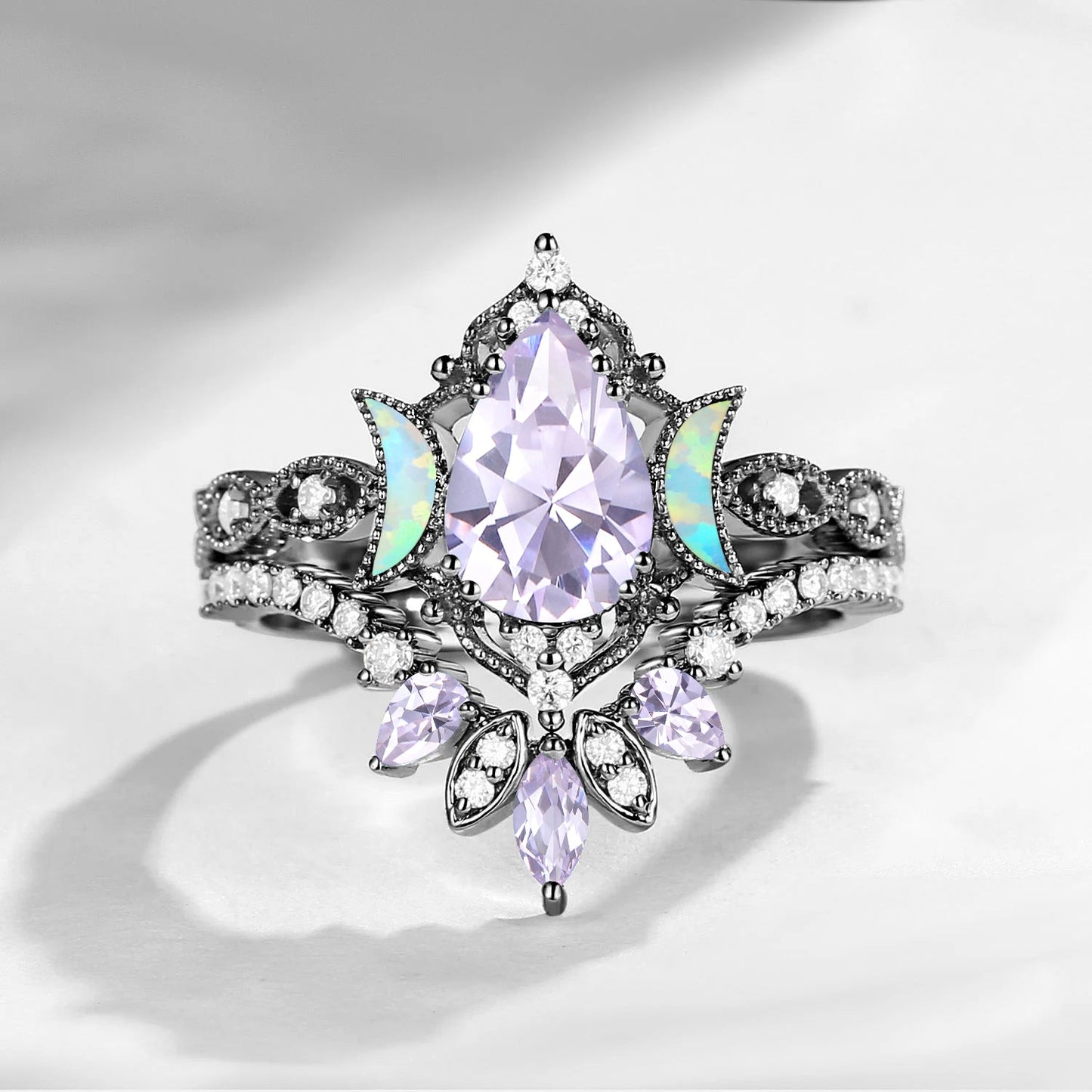 Crescent Moon | Pear Cut Lab Lavender Sapphire 'Ultra Galaxy' Engagement Ring Set 2pcs