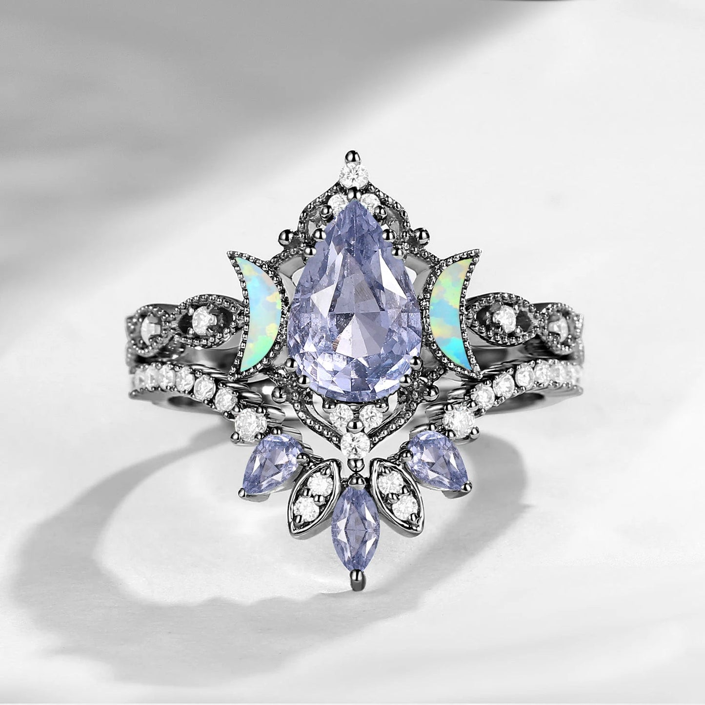Crescent Moon | Pear Cut Natural Spinel 'Ultra Galaxy' Engagement Ring Set 2pcs
