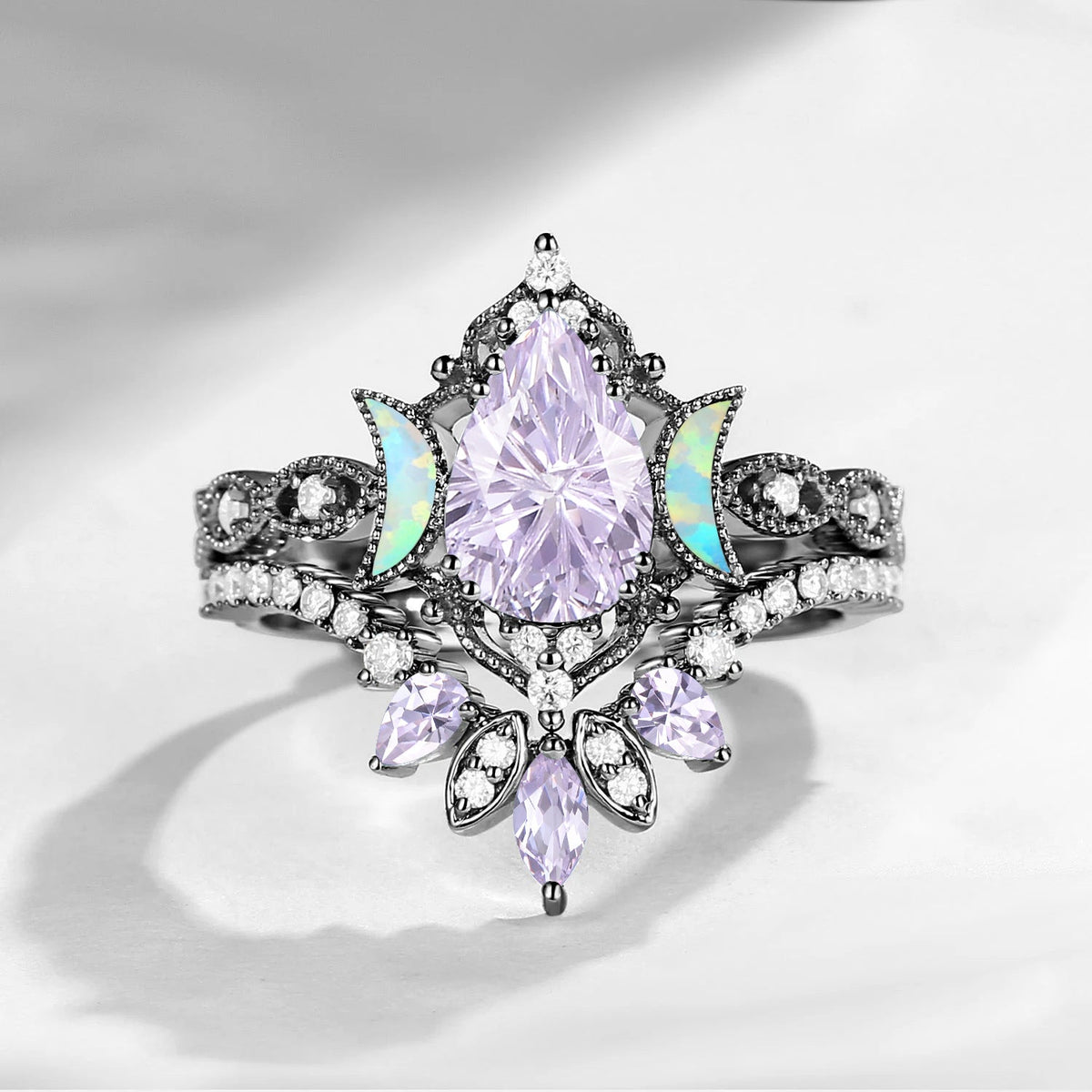 Crescent Moon | Firework Cut Pear Lab Lavender Sapphire 'Ultra Galaxy' Engagement Ring Set 2pcs