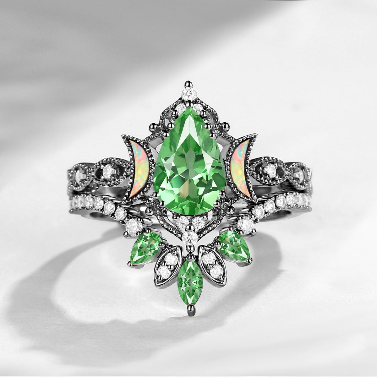 Crescent Moon | Pear Cut Lab Tsavorite 'Ultra Galaxy' Engagement Ring Set 2pcs