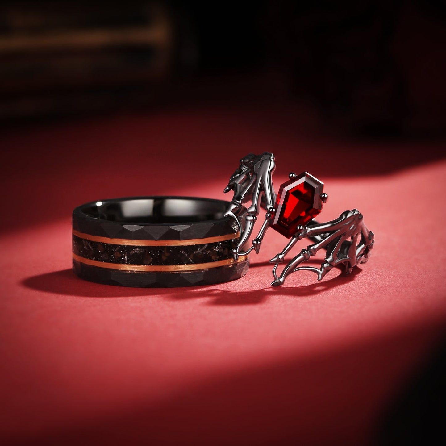 Bat Wing Inspired Coffin Garnet With Gold Strips Couple Bridal Ring Set