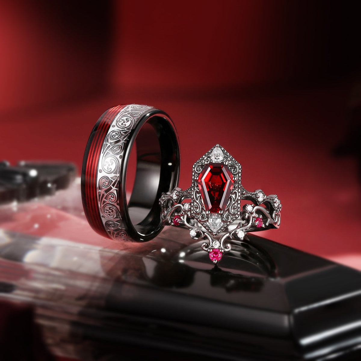Coffin Garnet 'Fallen Aegis' Ring & Celtic Filigree Couple Bridal Ring Set