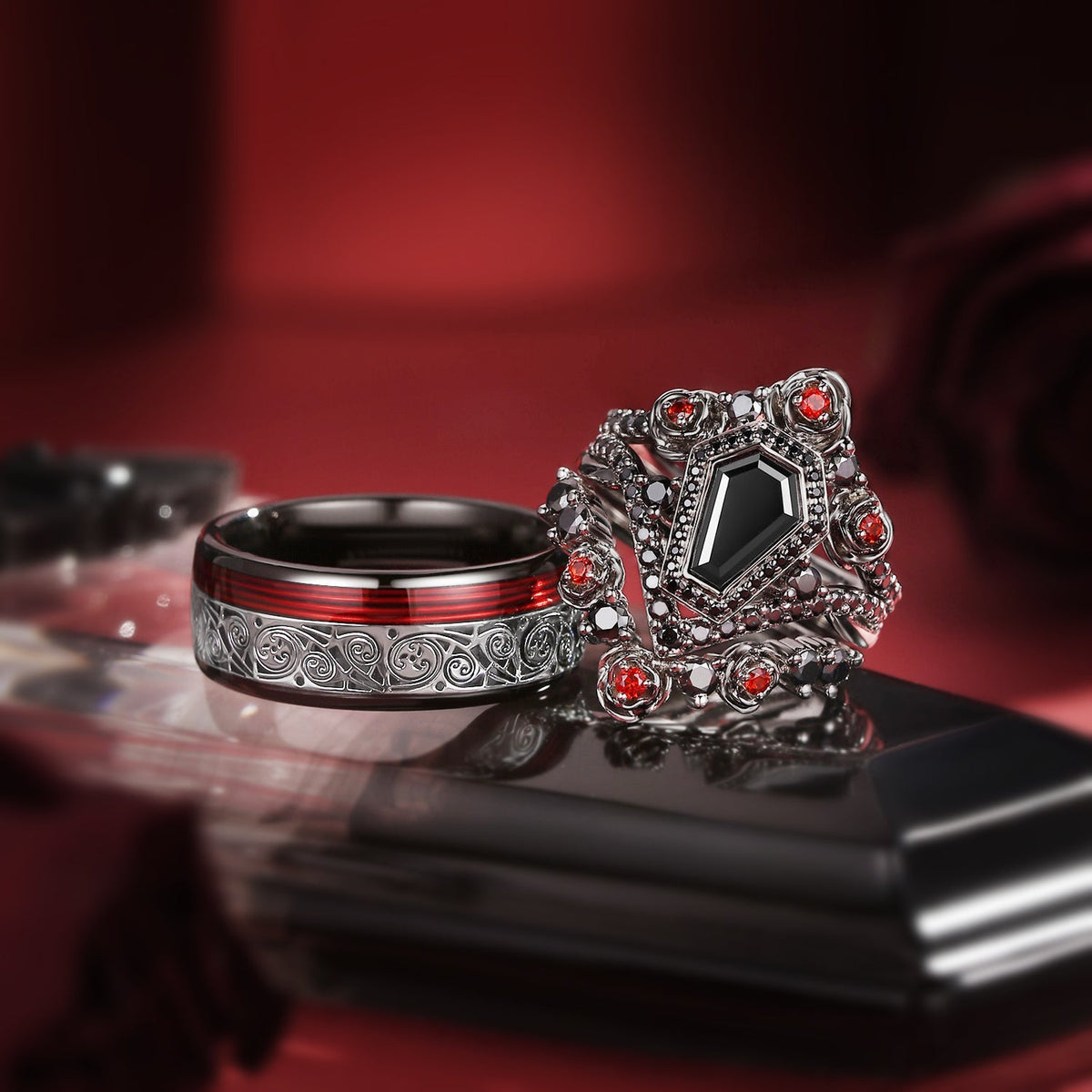 Coffin Black Moissanite 'Thorns & Roses' Ring & Celtic Filigree Electroplated Couple Bridal Ring Set
