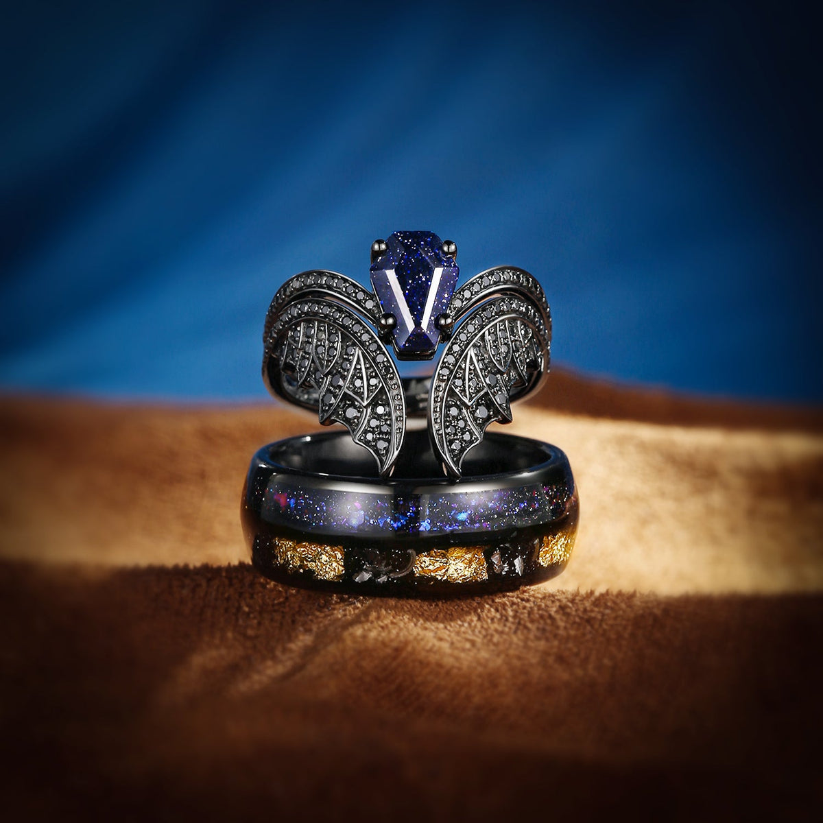Bat Wing Inspired Coffin Blue Sandstone Ring And Double Electroplated Band Bridal Ring Set