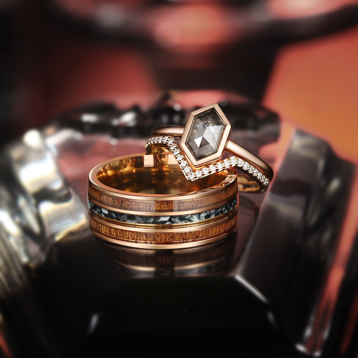 Long Hexagon Salt And Pepper Diamond Bezel Ring / Wooden Electroplated Band Couple Bridal Ring Set