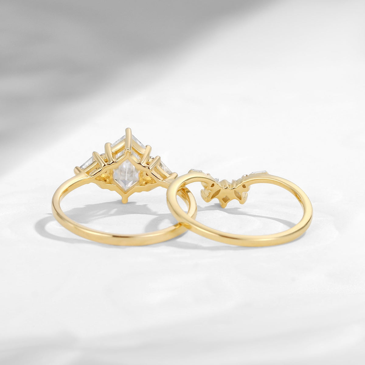 Classic Cluster Long Hexagon Cut Moissanite Engagement Ring Set 2pcs