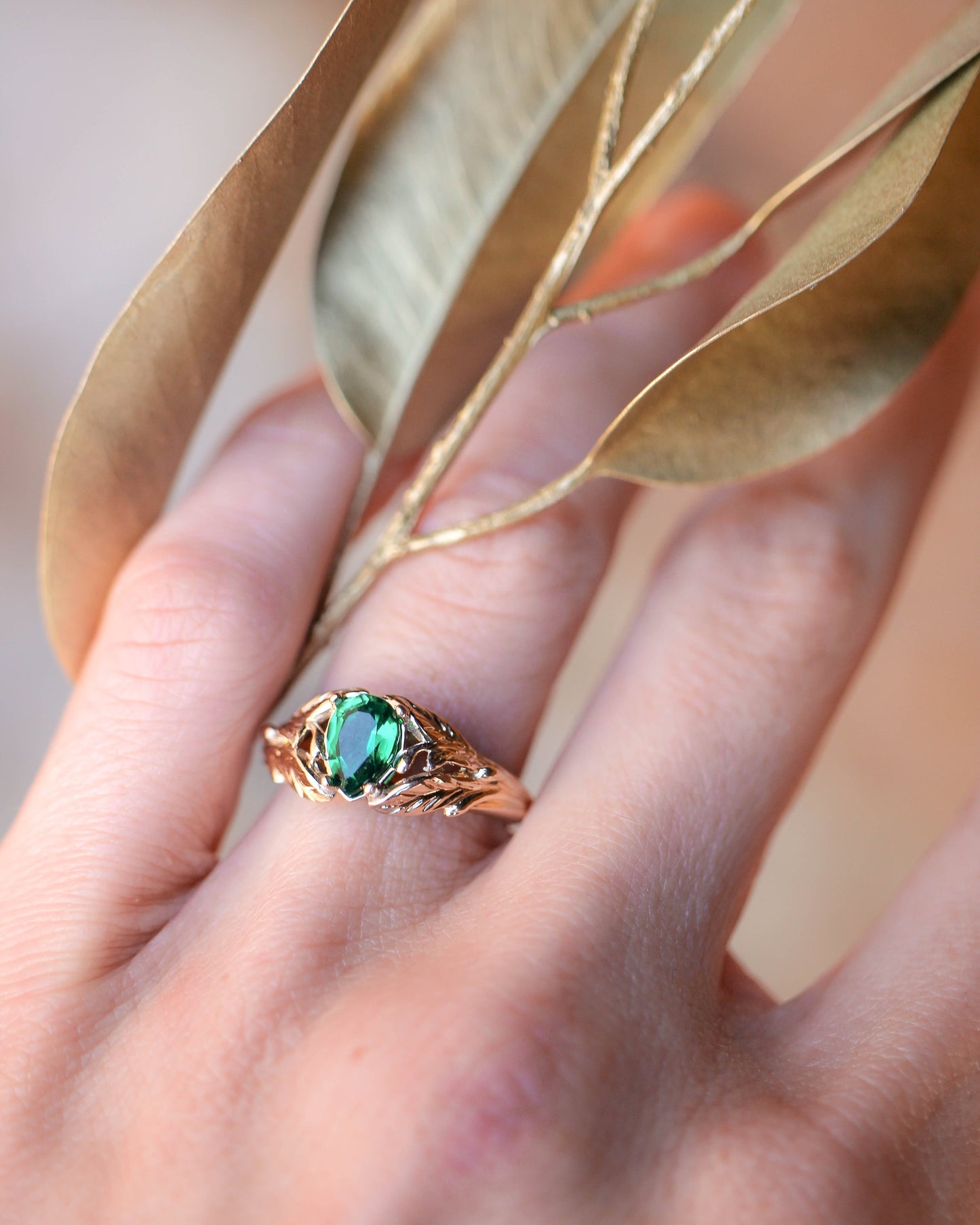 READY TO SHIP: Wisteria engagement ring with pear cut lab emerald in 14K yellow gold, AVAILABLE RING SIZES: 5.5 - 8.5 US