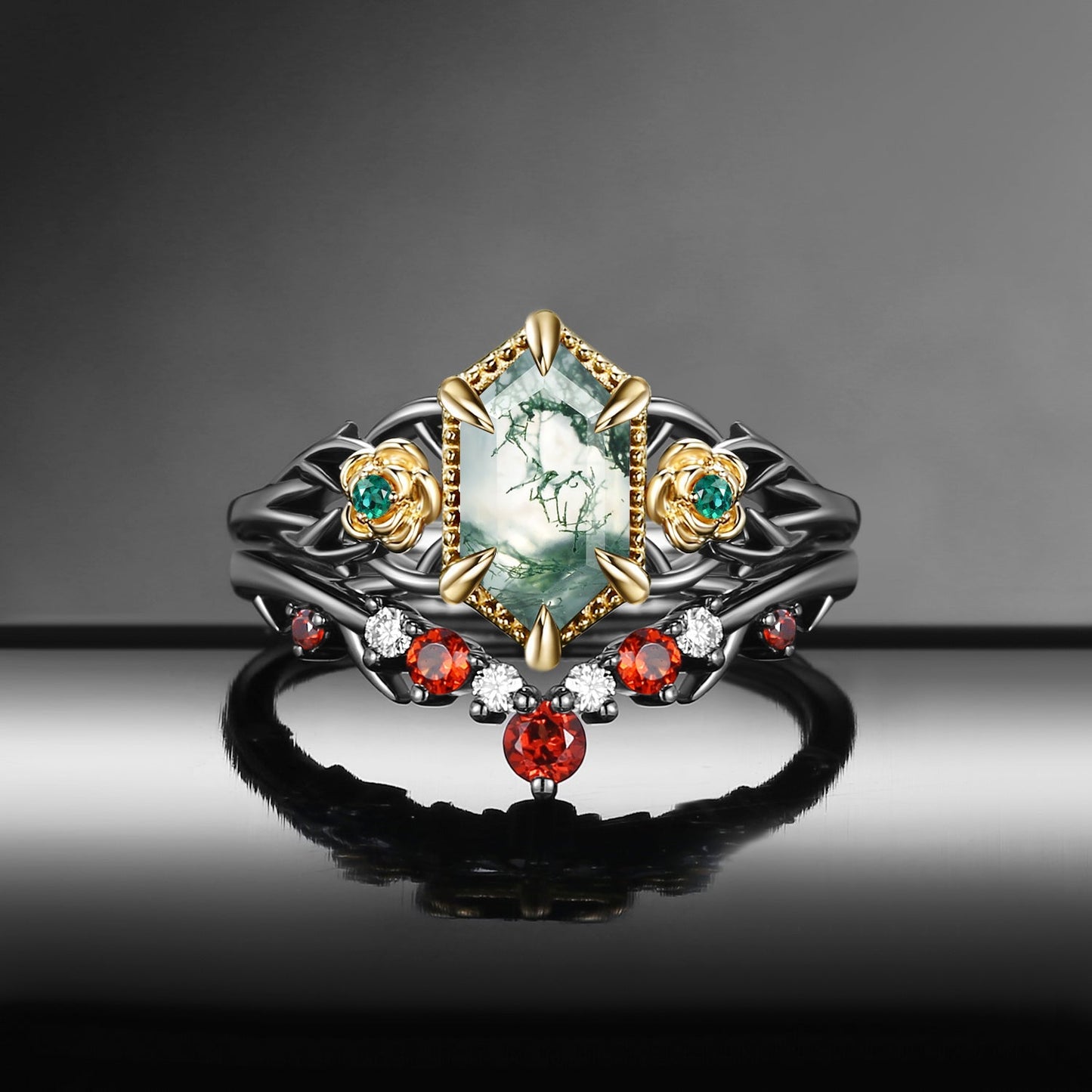 Nature Inspired Long Hexagon Moss Agate 'Thorns & Roses' Two-Tone Engagement Ring Set 2pcs
