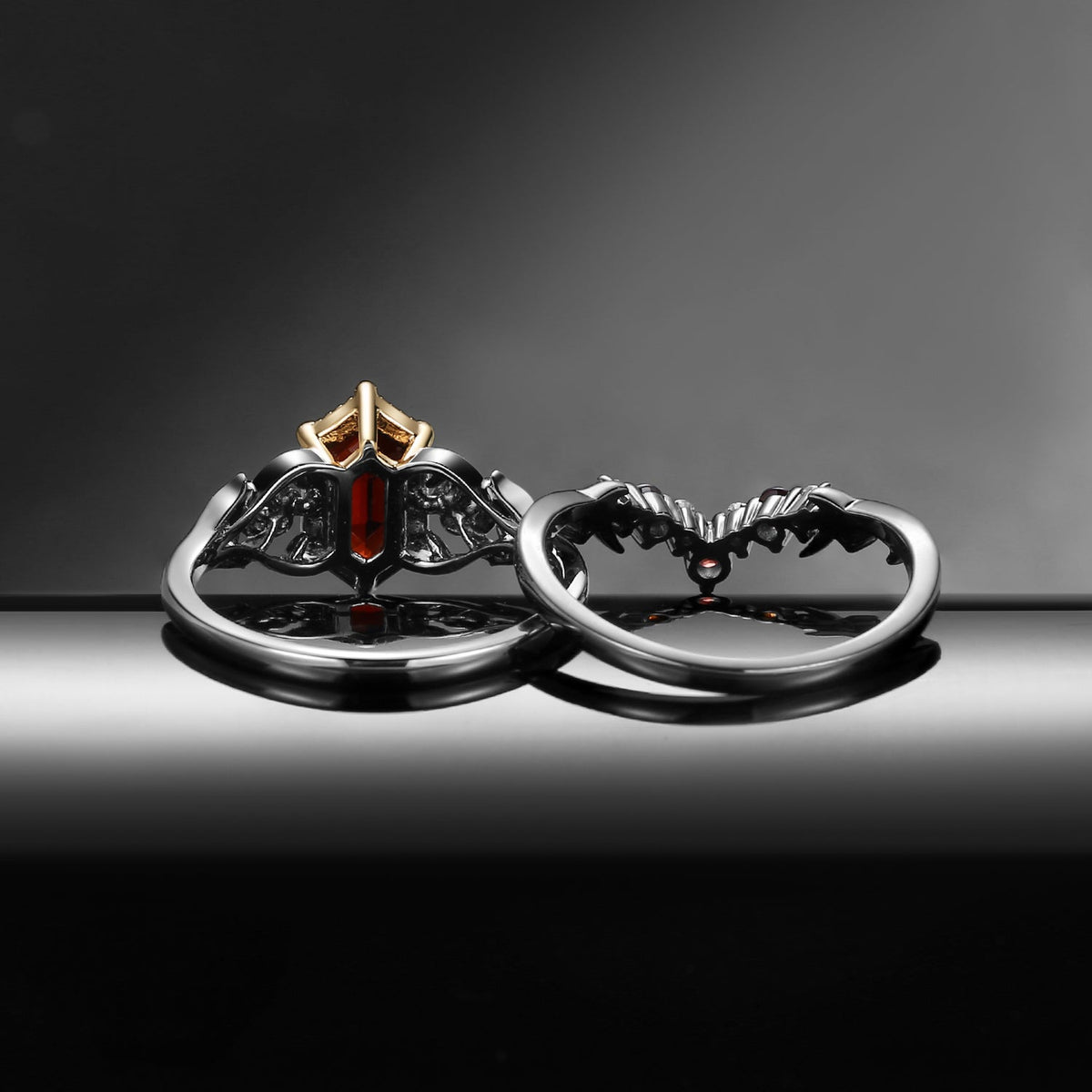 Nature Inspired Long Hexagon Garnet 'Thorns & Roses' Two-Tone Engagement Ring Set 2pcs