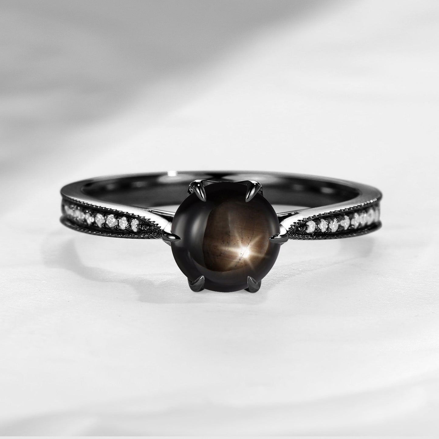 Antique Round Cut Natural Black Star Sapphire Milgrain Engagement Ring