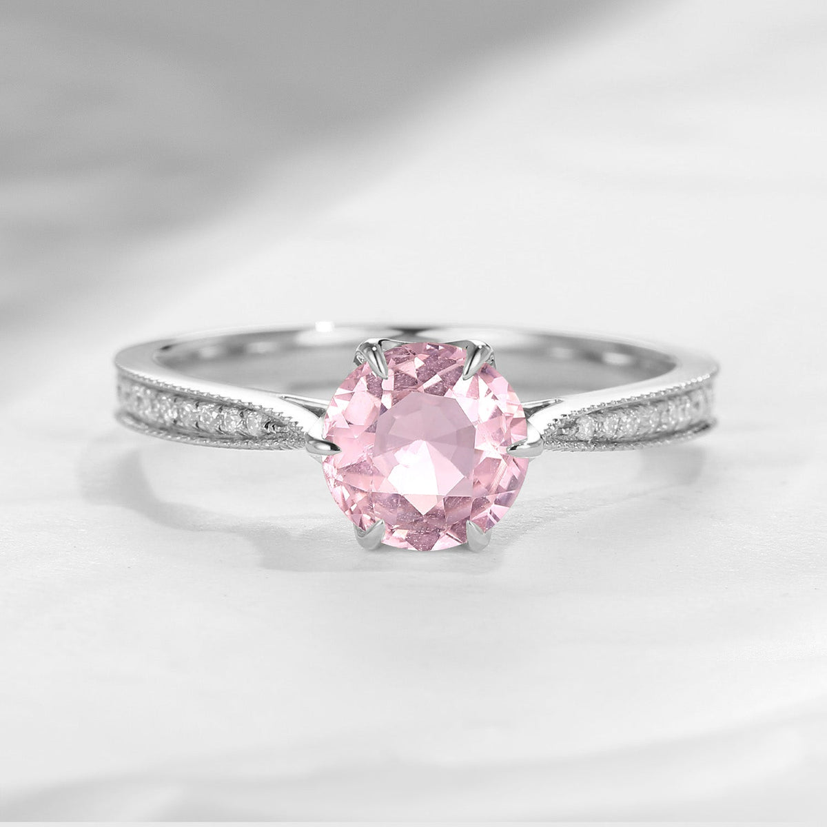 Antique Round Cut Natural Pink Tourmaline Milgrain Engagement Ring