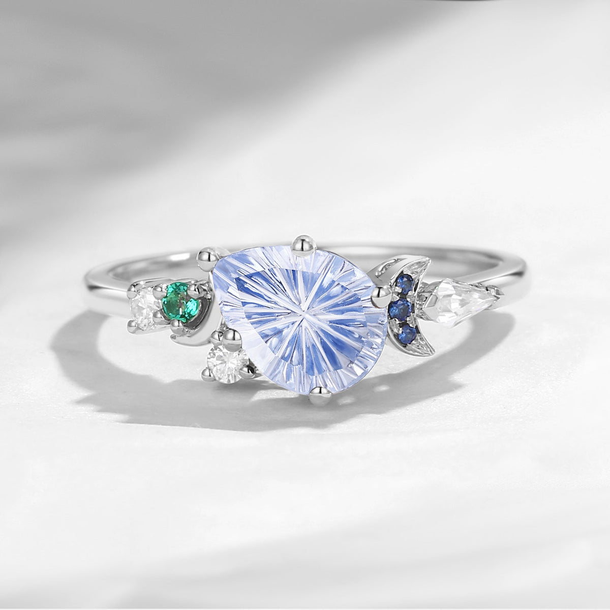 Crescent Moon - Art Deco Fantasy Cut Pear Lab Cornflower Sapphire Cluster Engagement Ring