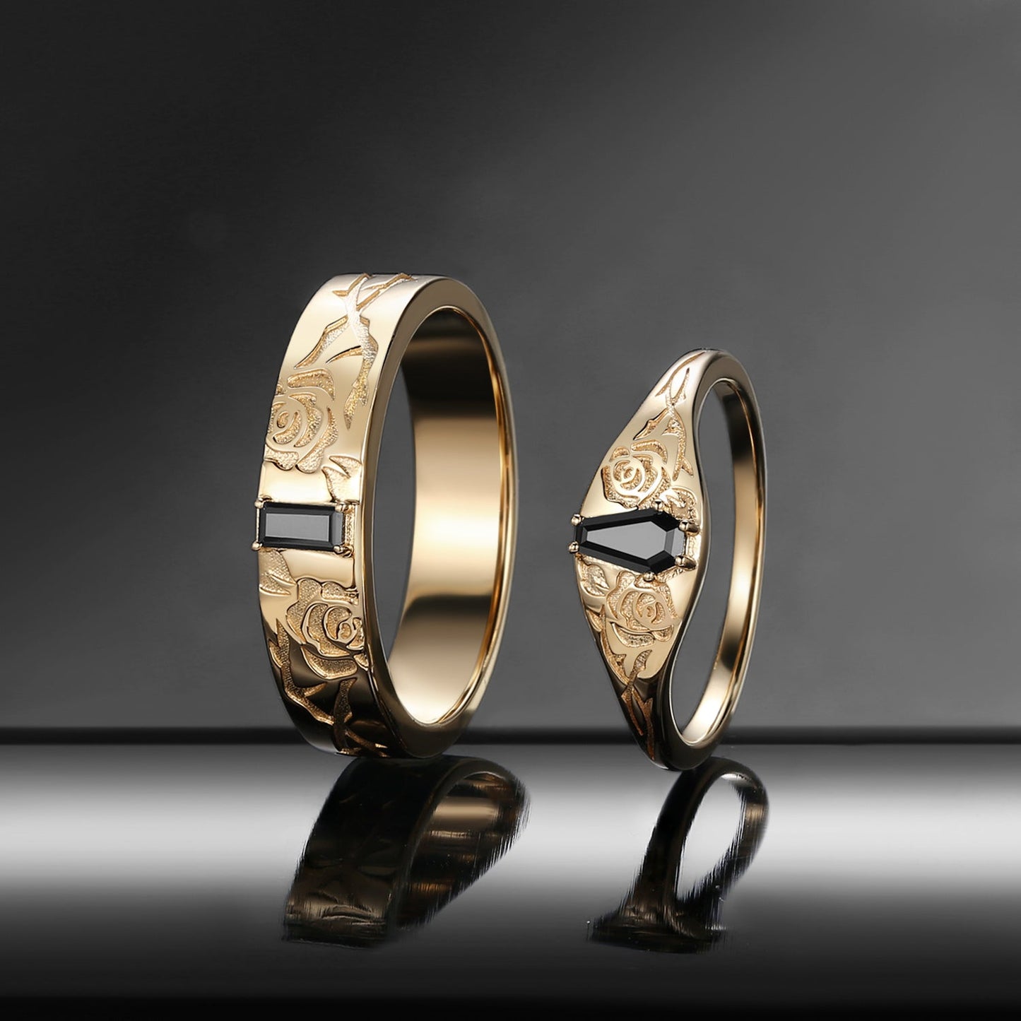 'Thorns & Roses'- Nature Inspired Gothic Coffin Cut & Rectangular Cut Black Moissanite Couple Rings