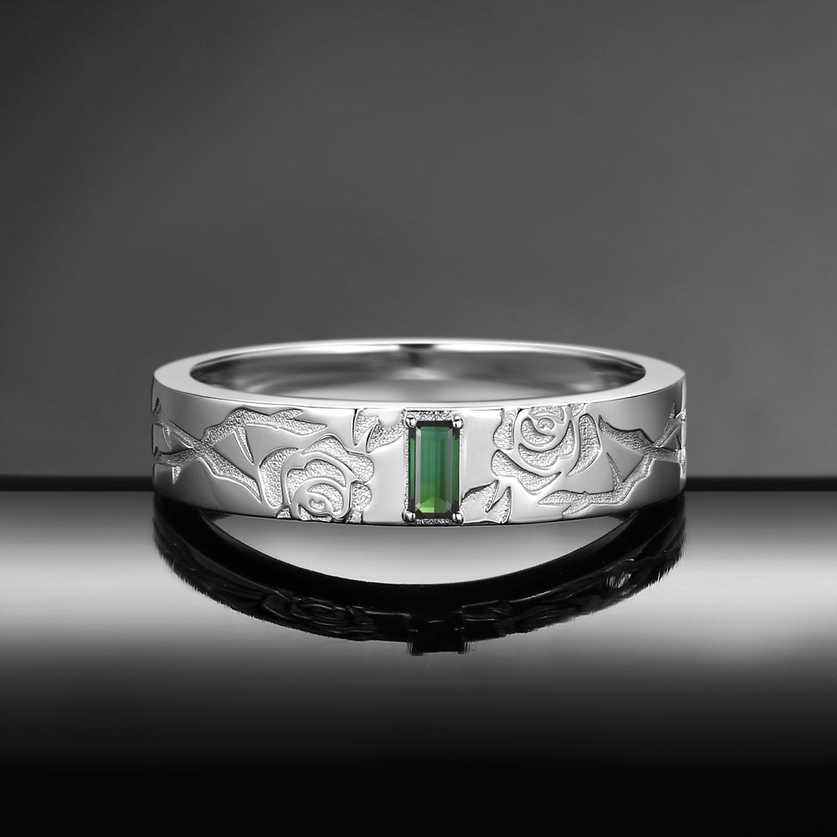 Vintage Inspired Rectangular Natural Verdelite 'Thorns & Roses' Filigree Men's Band - Everlasting Love