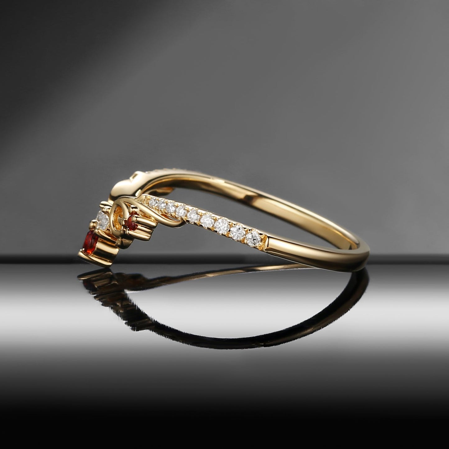 Vintage Inspired Gothic Art Deco Moissanite & Garnet Curved Wedding Band